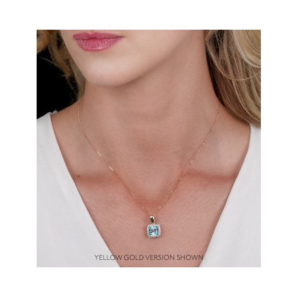 2ct Blue Topaz and Lab Diamond Halo Square Necklace Asteria 9KW Gold - Image 2