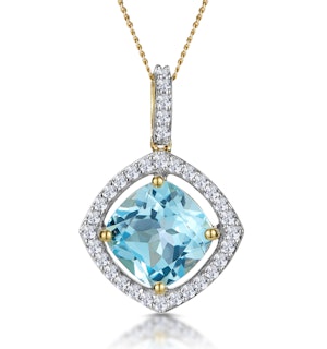 5.40ct Blue Topaz and Lab Diamond Halo Asteria Necklace in 9K Gold