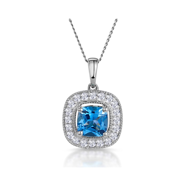 2.50ct Blue Topaz Asteria Diamond Halo Pendant Necklace in 18KW Gold - Image 1