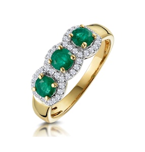 Emerald and Diamond Halo Trilogy Ring in 18K Gold - Asteria Collection