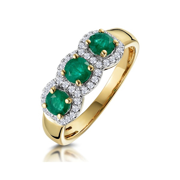 Emerald and Lab Diamond Halo Trilogy Ring in 9K Gold - Asteria - Image 1