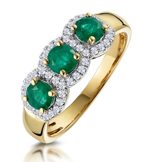 Emerald and Lab Diamond Halo Trilogy Ring in 9K Gold - Asteria