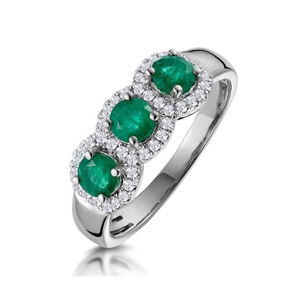 Emerald and Diamond Halo Trilogy Asteria Ring in 18K White Gold - Image 1