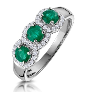 Emerald and Lab Diamond Halo Trilogy Ring in 9K White Gold - Asteria