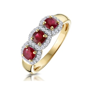 Ruby and Diamond Halo Trilogy Ring in 18K Gold - Asteria Collection