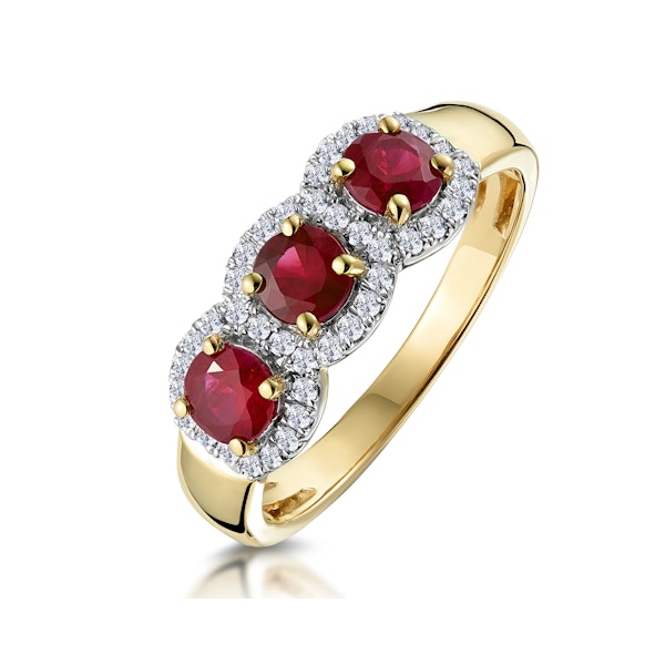 Ruby and Diamond Halo Trilogy Ring in 18K Gold - Asteria Collection - Image 1