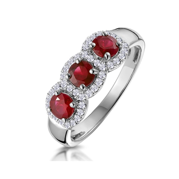 Ruby and Diamond Halo Trilogy Ring in 18KW Gold - Asteria Collection - Image 1