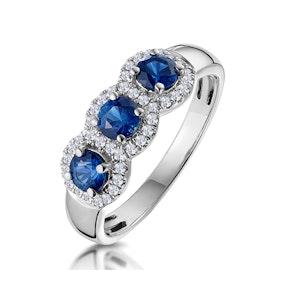 Sapphire and Diamond Halo Trilogy Asteria Ring 18K White Gold FT86-UY