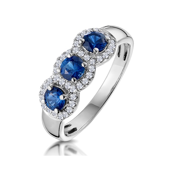 Sapphire and Diamond Halo Trilogy Asteria Ring 18K White Gold FT86-UY - Image 1