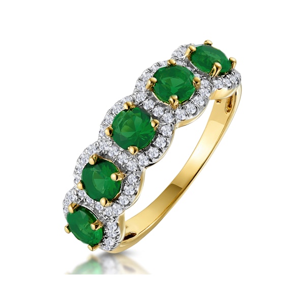 Emerald and Diamond Halo 5 Stone Asteria Ring in 18K Gold - Image 1