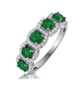 Emerald and Diamond Halo 5 Stone Asteria Ring in 18K White Gold