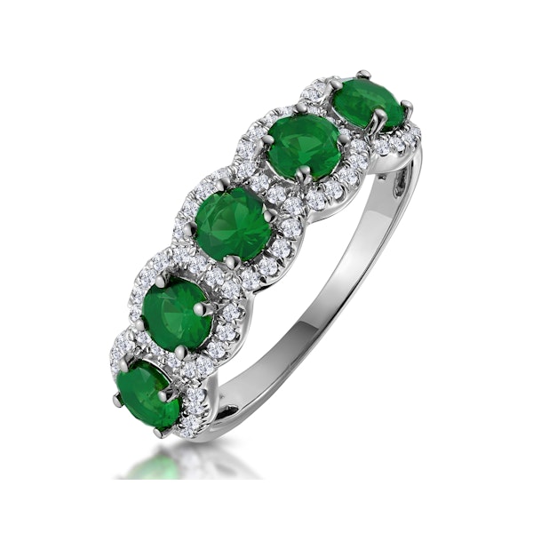 Emerald and Diamond Halo 5 Stone Asteria Ring in 18K White Gold - Image 1