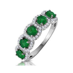 Emerald and Diamond Halo 5 Stone Asteria Ring in 18K White Gold