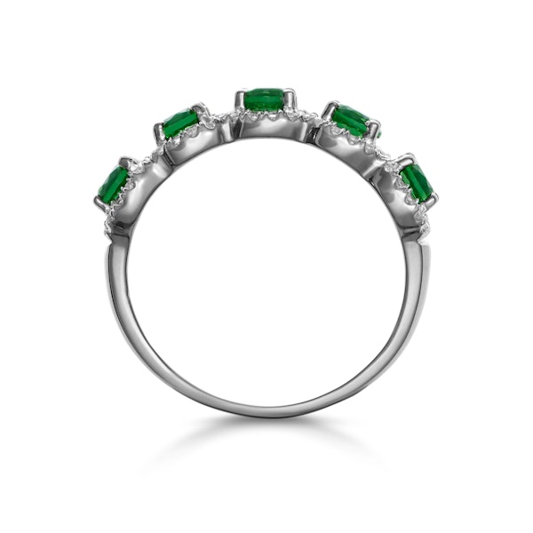 Emerald and Diamond Halo 5 Stone Asteria Ring in 18K White Gold - Image 3