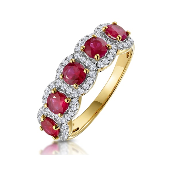 Ruby and Diamond Halo 5 Stone Asteria Ring in 18K Gold - Image 1
