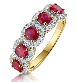 Ruby and Diamond Halo 5 Stone Asteria Ring in 18K Gold