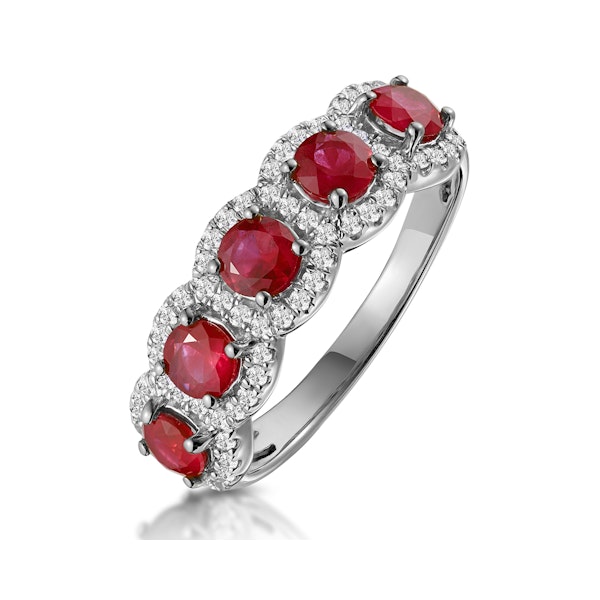Ruby and Diamond Halo 5 Stone Asteria Ring in 18K White Gold - Image 1
