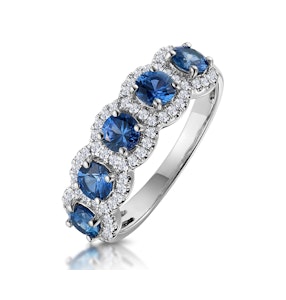 Sapphire and Diamond Halo 5 Stone Asteria Ring in 18K White Gold