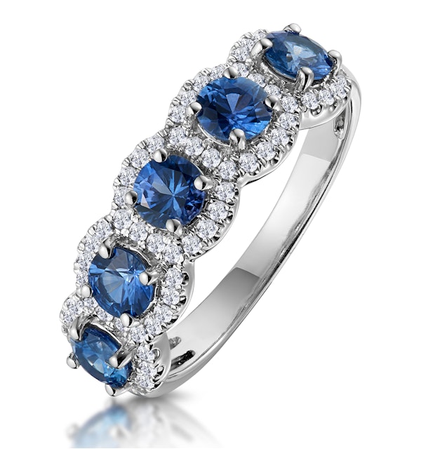 Sapphire and Diamond Halo 5 Stone Asteria Ring in 18K White Gold - image 1
