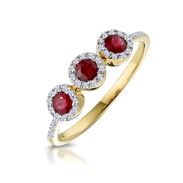 Ruby and Diamond Halo Trilogy Ring 18K Gold - Asteria Collection - Image 1