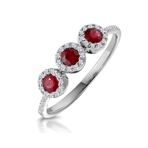 Ruby and Diamond Halo Trilogy Asteria Ring in 18K White Gold - Image 1
