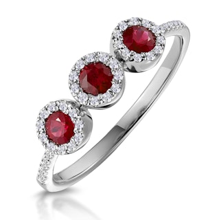 Ruby and Lab Diamond Halo Trilogy Ring 9K White Gold - Asteria