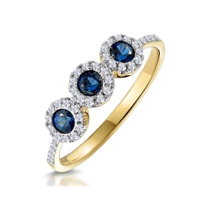 Sapphire and Diamond Halo Trilogy Ring 18K Gold - Asteria Collection