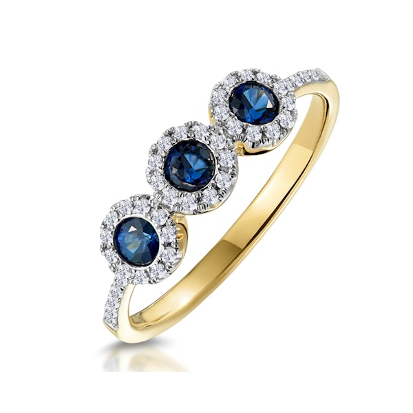 Sapphire and Lab Diamond Halo Trilogy Ring 9K Gold - Asteria - Image 1