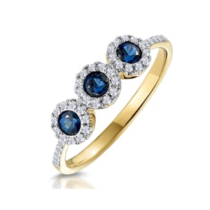 Sapphire and Lab Diamond Halo Trilogy Ring 9K Gold - Asteria