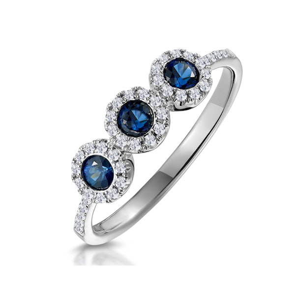 Sapphire and Diamond Halo Trilogy Asteria Ring in 18K White Gold - Image 1