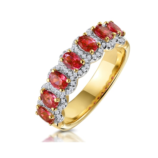 Ruby and Diamond Halo Eternity Ring in 18K Gold - Asteria Collection - Image 1
