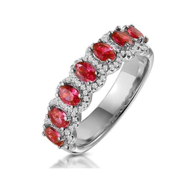 Ruby and Diamond Halo Eternity Ring in 18KW Gold - Asteria Collection - Image 1