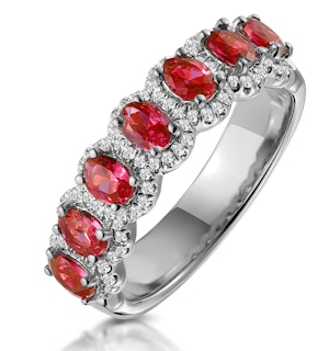 Ruby and Diamond Halo Eternity Ring in 18KW Gold - Asteria Collection