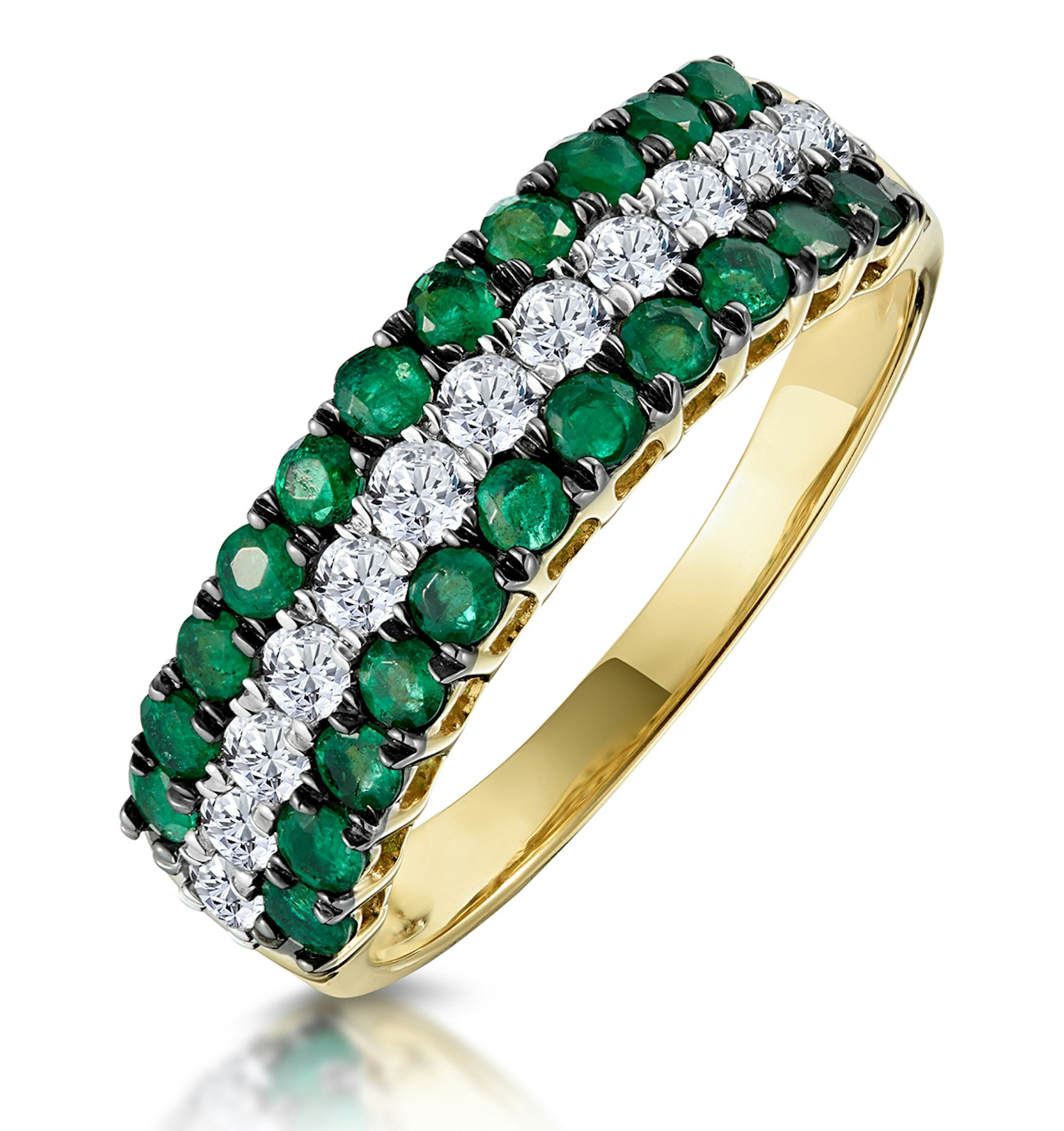 Emerald and Diamond Triple Row Asteria Eternity Ring in 18K Gold