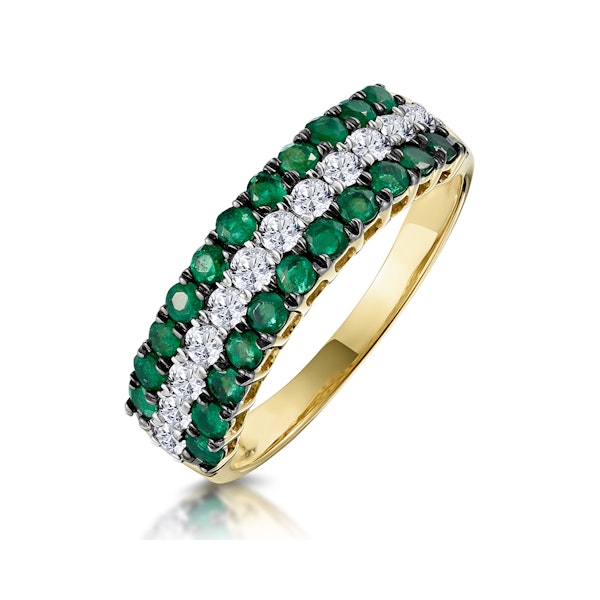 Emerald and Diamond Triple Row Asteria Eternity Ring in 18K Gold - Image 1