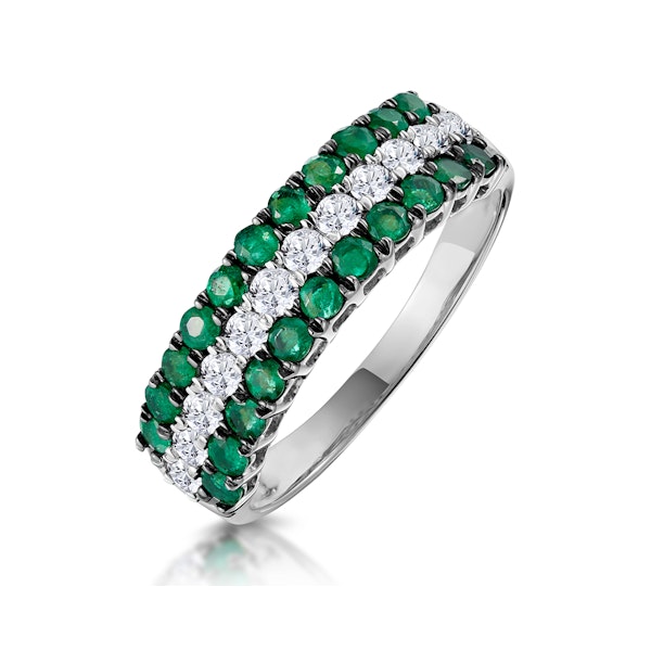 Emerald and Diamond Triple Row Asteria Eternity Ring in 18K W Gold - Image 1