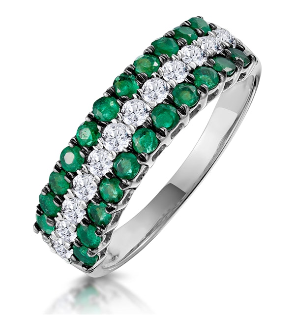 Emerald and Diamond Triple Row Asteria Eternity Ring in 18K W Gold - image 1
