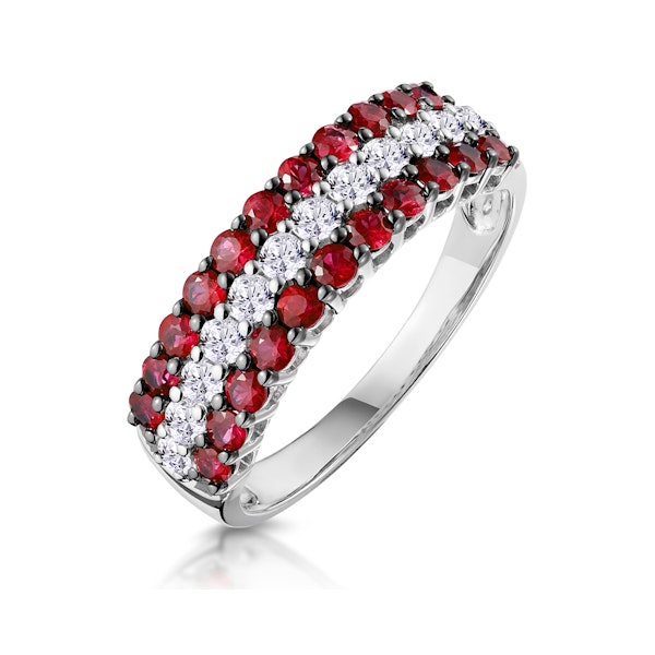 Ruby and Diamond Triple Row Asteria Eternity Ring in 18K White Gold - Image 1
