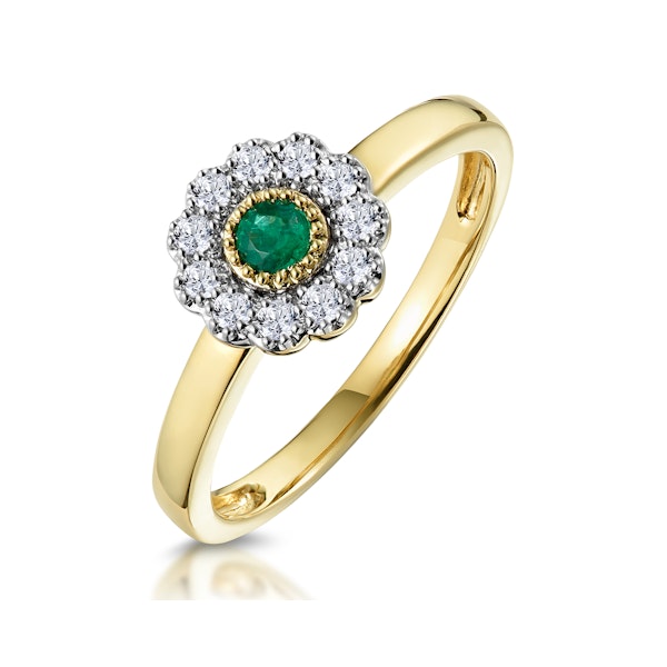 Emerald and Diamond Halo Ring in 18K Gold - Asteria Collection - Image 1