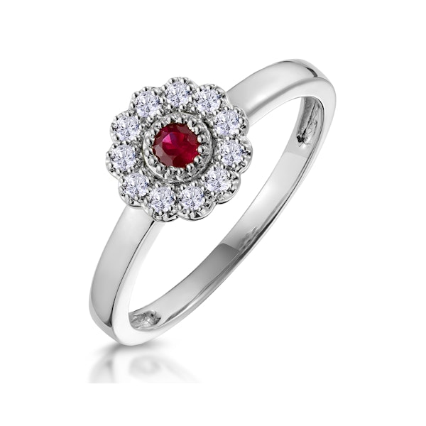 Ruby and Diamond Halo Ring in 18K White Gold - Asteria Collection - Image 1