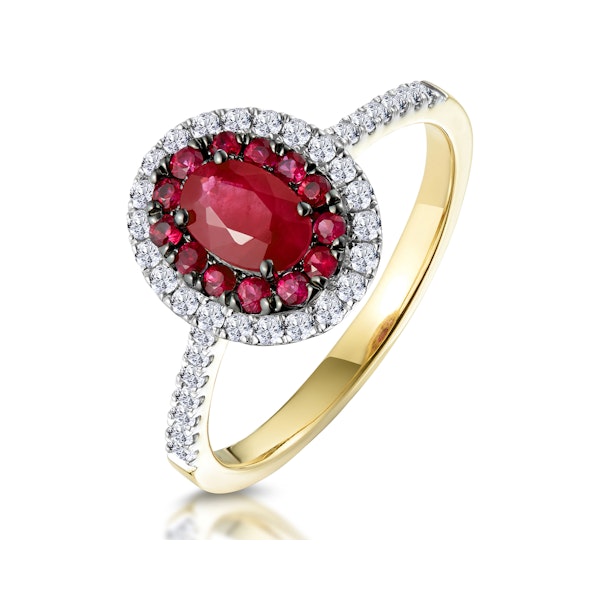 Ruby and Diamond Double Halo Ring in 18K Gold - Asteria Collection - Image 1