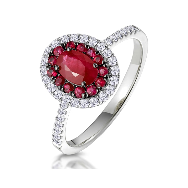 Ruby and Diamond Double Halo Ring 18K White Gold - Asteria Collection - Image 1
