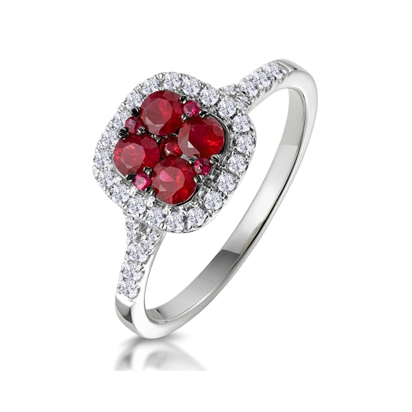 Ruby and Diamond Halo Square Ring 18K White Gold - Asteria Collection - Image 1