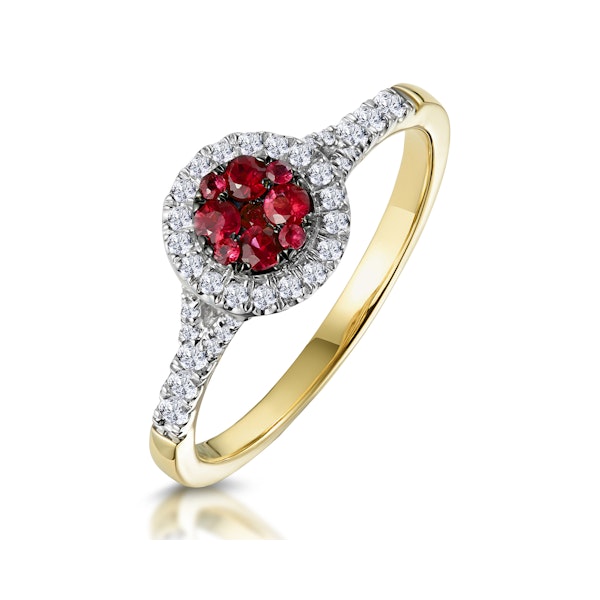 Ruby and Diamond Halo Circle Ring in 18K Gold - Asteria Collection - Image 1
