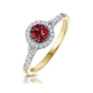 Ruby and Diamond Halo Circle Ring in 18K Gold - Asteria Collection