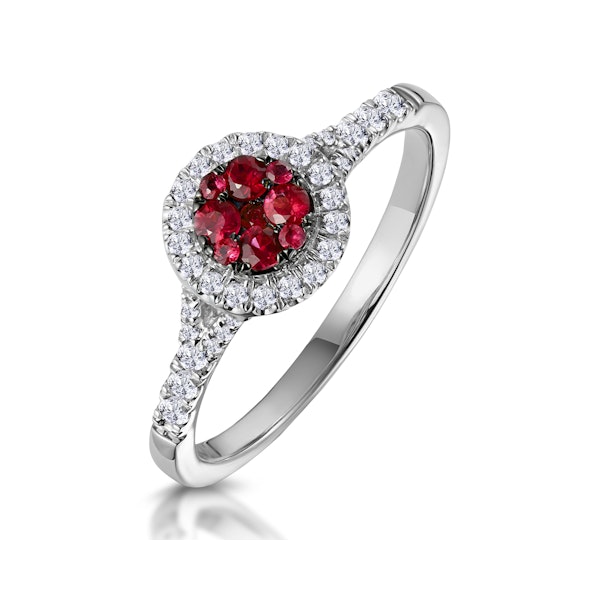 Ruby and Diamond Halo Circle Ring 18K White Gold - Asteria Collection - Image 1