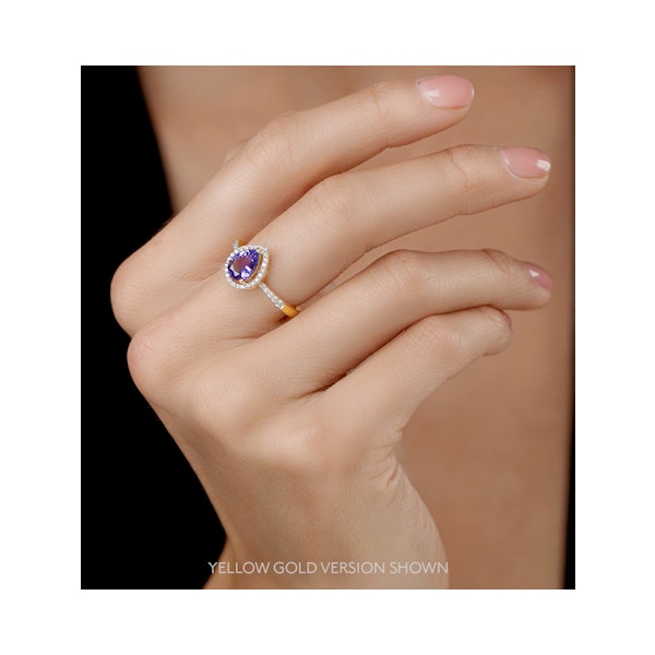 Tanzanite and Lab Diamond Pear Halo Ring in 9KW Gold - Asteria - Image 2