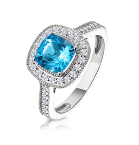 2.50ct Cushion Blue Topaz Diamond Halo Asteria Ring in 18K White Gold