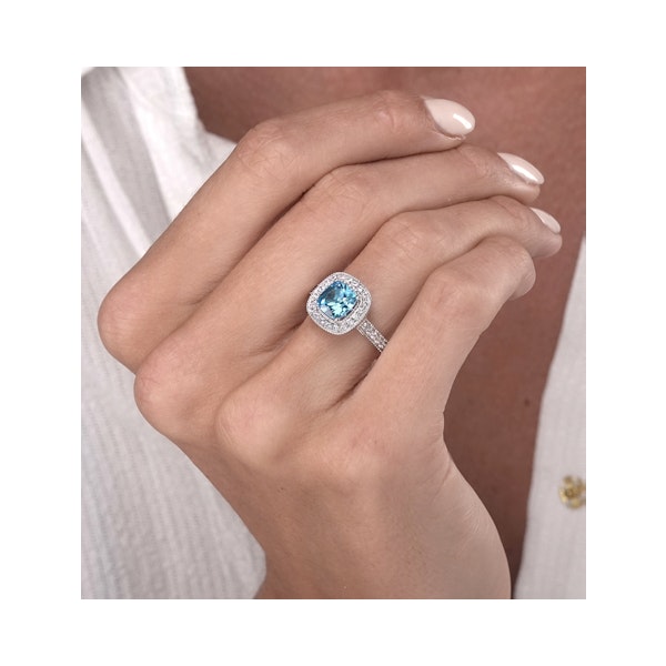 2.50ct Cushion Blue Topaz Lab Diamond Halo Asteria Ring 9K White Gold - Image 3