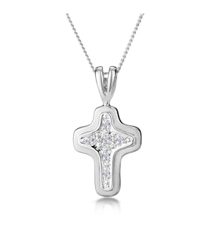 Diamond Cross Necklace with Curved Edges in 9K White Gold
